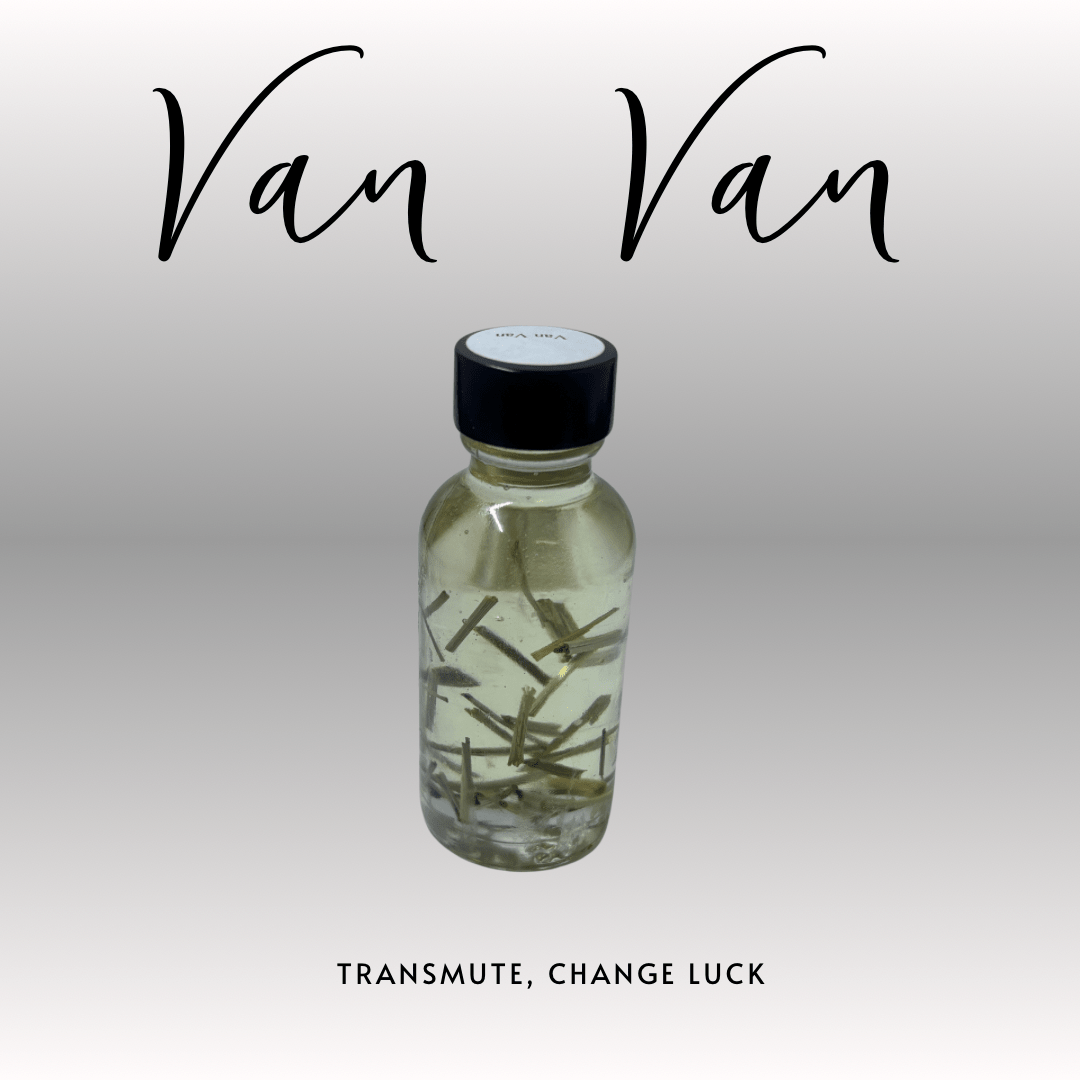 Bottle with black cap and plant stems in liquid on a light gray background, featuring 'Van Van' branding.