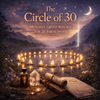 image of the circle of 30 for monthly group ritual for 30 participants shows a circle of candles in water lighted with oil, quartz crystal, map under moonlight and stars with purple sky 