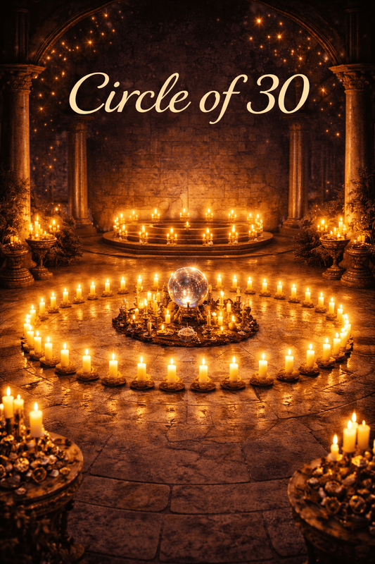 Decorative setup with candles arranged in a circle and text 'Circle of 30' in an elegant setting.