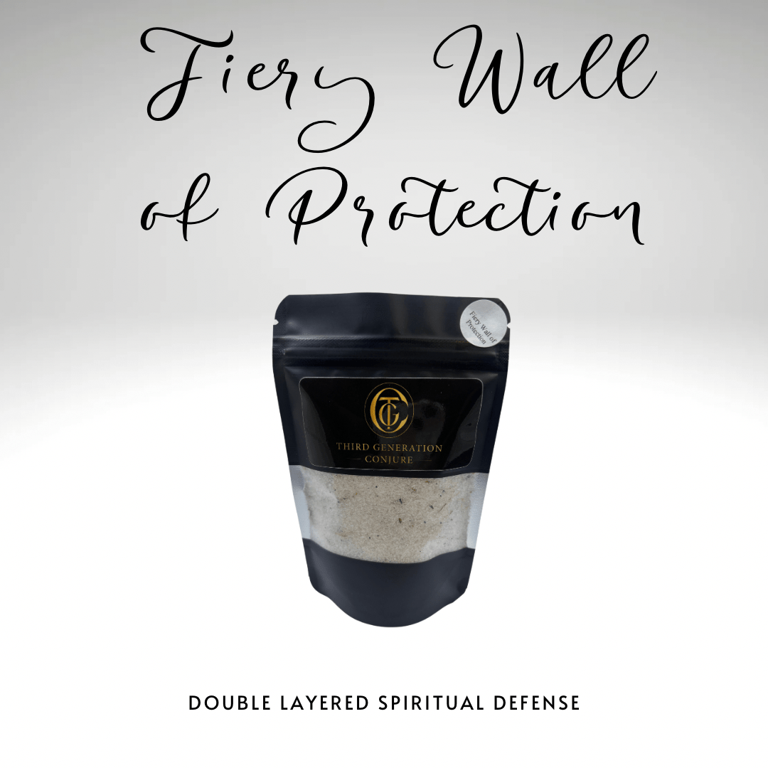 Black packaging with text 'Fiery Wall of Protection' on a white background