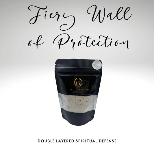 Black packaging with text 'Fiery Wall of Protection' on a white background
