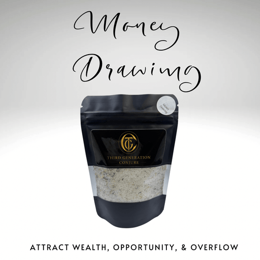 Black packaging with a label on a white background, featuring text about attracting wealth, opportunity, and overflow.