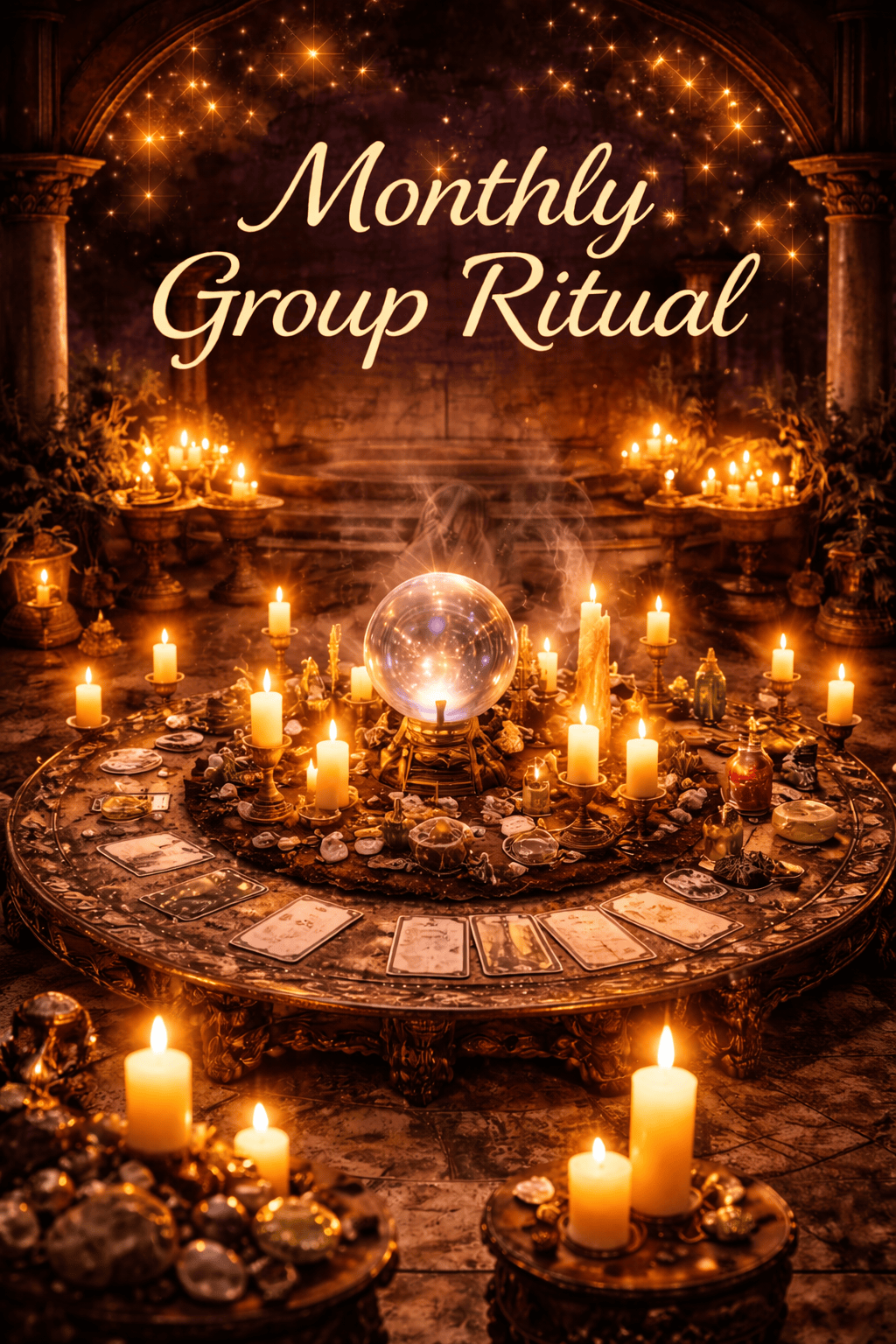 Decorative setup for a Monthly Group Ritual with candles, a crystal ball, and tarot cards.