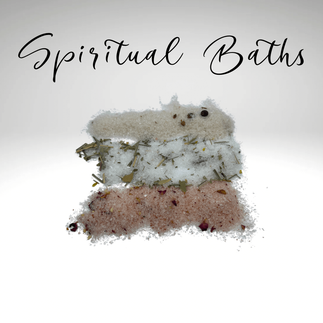 Three types of bath salts with text 'Spiritual Baths' on a light gray background