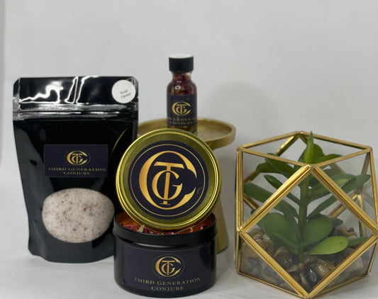 A selection of spiritual wellness products including bath salts, oils, and candles, presented in black, gold, and white packaging with decorative items in the background.