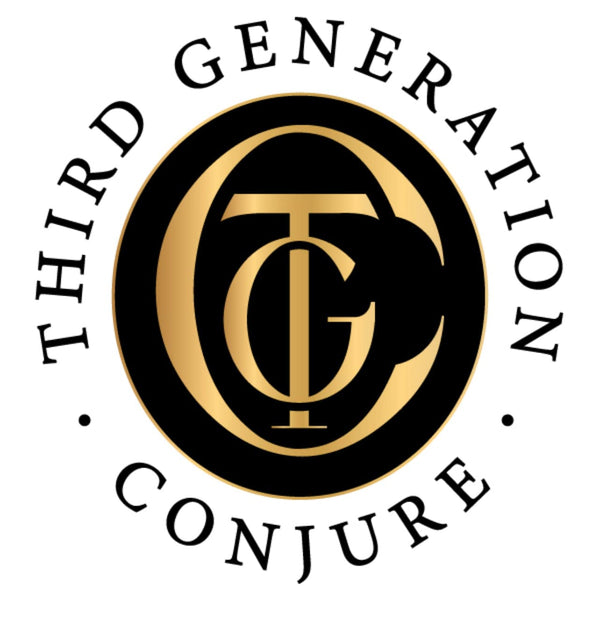 A logo featuring the text 'Third Generation Conjure' with a stylized letter G, in black and gold colors.